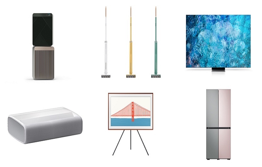 IDEA 2021 주요 수상작. 비스포크 큐브 에어, 비스포크 슬림, Neo QLED 8K, 더 프리미어, 더 프레임, 비스포크 4도어 플렉스 냉장고(이상 왼쪽부터) (삼성전자 제공)