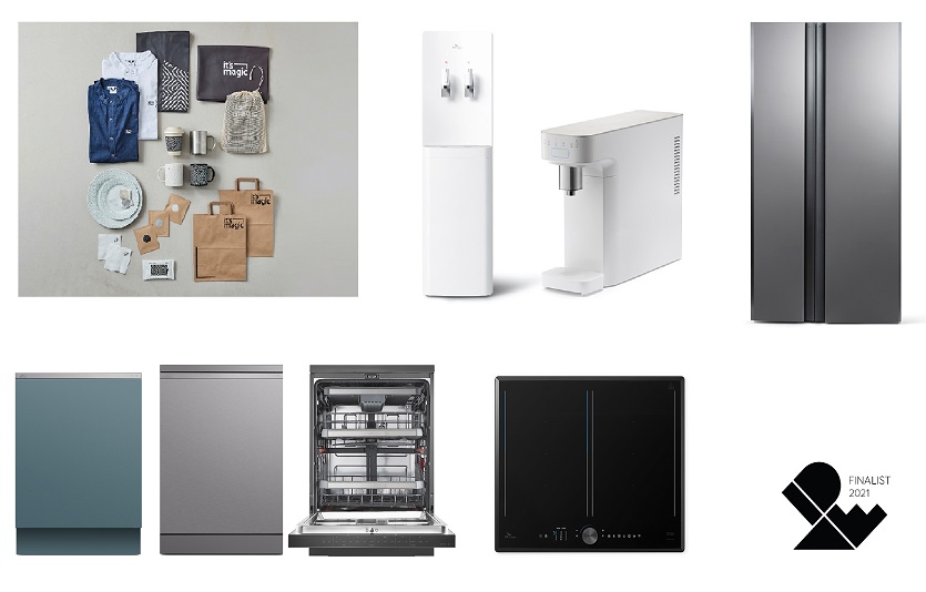 IDEA 2021 주요 수상작.  브랜드 체험공간, 잇츠매직 디자인 패키지, 그랜드 정수기, 스스로 직수 정수기, 의류관리기, 트리플케어 식기세척기 와이드, 보더리스 인덕션 (이상 왼쪽부터) (SK매직 제공)