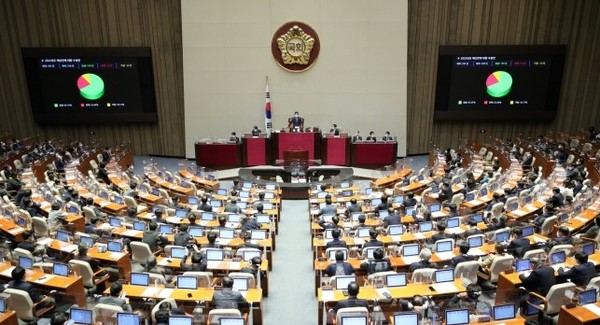 일 오전 서울 여의도 국회에서 열린 제391회국회(정기회) 13차 본회의에서 '607조 7000억원' 규모의 2022년도 예산안이 가결 처리되고 있다. 