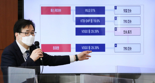 육성권 공정거래위원회 기업집단국장이 22일 오전 세종시 정부세종청사에서 기업집단 SK 소속 SK㈜의 특수관계인 최태원 SK그룹 회장에게 사업 기회를 제공한 행위에 대해 시정명령과 함께 과징금 총 16억 원을 부과한 결정과 관련해 브리핑하고 있다. 