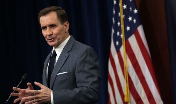 존 커비 미국 국방부 대변인이 23일(현지시간) 버지니아주 알링턴의 펜타곤에서 브리핑을 갖고 “러시아군이 우크라이나의 도네츠크, 루간스크 지역으로 이동하고 있다고 본다”고 밝히고 있다.