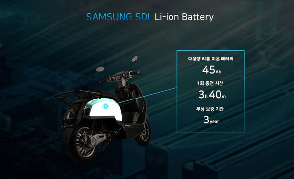 전기이륜차업체 와코모터스 전기이륜차 EV-E6S 모델에 삼성SDI 리튬이온배터리가 장착됐다. (와코모터스 제공)