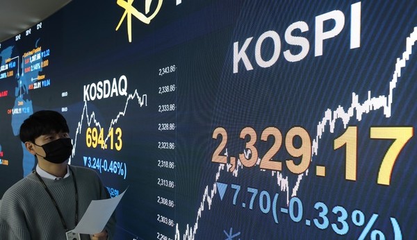 코스피가 전 거래일(2336.87)보다 7.70포인트(0.33%) 하락한 2329.17에 마감한 3일 오후 서울 영등포구 여의도 KB국민은행 스마트딜링룸에서 직원이 업무를 보고 있다. 이날 코스닥지수는 전 거래일(697.37)보다 3.24포인트(0.46%) 내린 694.13에, 서울 외환시장에서 원·달러 환율은 전 거래일(1417.4원)보다 6.4원 오른 1423.8원에 거래를 마쳤다. (뉴시스 제공)