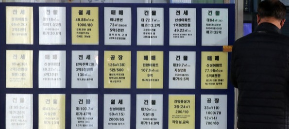 3일 서울 시내 한 공인중개사무소에 각종 매물이 쌓여가고 있다. 은행 대출 금리가 계속 오르면서 주택과 상업용 부동산 모두 거래량이 회복되지 못하고 있다. [사진=뉴시스]