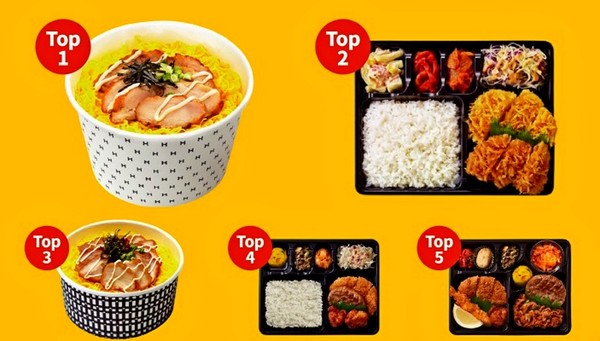 한솥 인기 점심 도시락. (위 왼쪽부터 시계장향)치킨마요, 카츠카츠 도시락, 진달래, 돈까스도련님, 빅치킨마요. [사진=한솥]