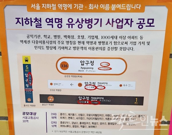 서울교통공사는 적자 탈출을 위해 갖가지 방법을 찾고 있다. 이중 하나가 역 주변의 주요 기업 등을 대상으로 입찰을 받아 역명을 공동으로 표기한다. [사진=정수남 기자]