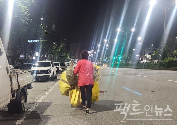 상대적으로 서민이 많이 사는 경기 성남시 구도심에서 폐지 등을 수집하는 노인이 흔하다. [영상/사진=정수남 기자]