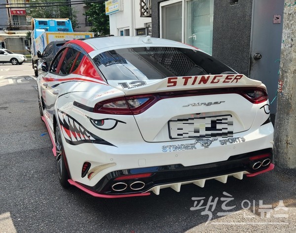 기아차 대형 세단 스팅어다. 차량 외부를 장식했다. [사진=정수남 기자]