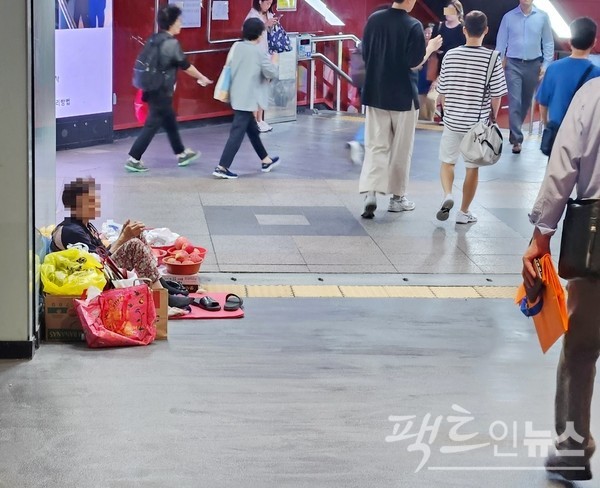 80대로 보이는 이 노인은 삼성역에서 코엑스로 들어가는 이곳에 항상 난전을 편다. 추석을 앞두고 종전 채소 대신 사과를 대거 진열했다. 사는 사람은 없다. [사진=정수남 기자]