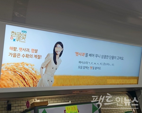 서울교통공사가 최근 지하철 객차 안에서 바른말 캠페인을 실시하고 있다. 단어를 제시하고 승객이 맞는지 틀린지를 맞히게 하는 것이다. [사진=정수남 기자]