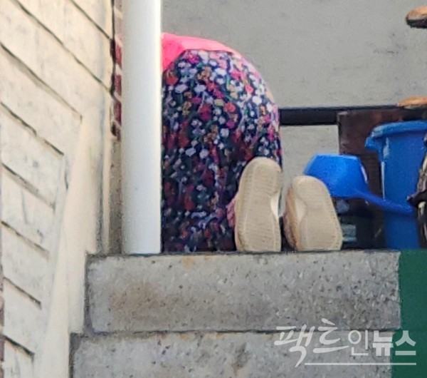 며느리로 보이는 중년 여성이 시어머니로 보이는 80대 노파를 데리고 계단을 오르고 있다. 노파는 다리에 힘이 없어서인지 무릎 걸음으로 1층에서 2층으로 올랐다. 세월에는 장사가 없다. [사진=정수남 기자]