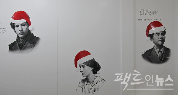 시인이자 소설가인 (왼쪽부터)이상(날개 등), 영국의 소설가, 수필가, 비평가인 버지니아 울프(댈러웨이 부인 등), 시인이자 번역가인 백석(나와 나타샤와 흰 당나귀 등)도 빨간 모자를 썼다. [사진=정수남 기자]