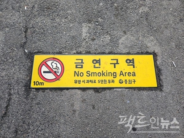서울지하철 역 출입구 10m 지점에 설치한 노란색 금연구역 바깥에서 20대 여성이 줄타기 흡연하고 있다. 안쪽에서 흡연하면 과태료가 5만원이다. [사진= 정수남 기자]