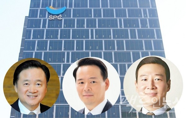 SPC가 빵을 팔아 허영인 회장 등 사주가의 배를 불린 것으로 나타났다.서울 양재 SPC 사옥과 (왼쪽부터)허영인 회장, 장남 진수 부사장, 차남 희수 부사장. [사진=팩트인뉴스, 뉴시스]