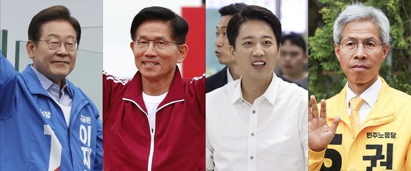 제21대 대통령 선거를 하루 앞둔 지난 2일 이재명 더불어민주당 대선후보와 김문수 국민의힘 대선후보, 이준석 개혁신당 대선후보, 권영국 민주노동당 대선후보가 지지를 호소하고 있다.[사진=뉴시스]