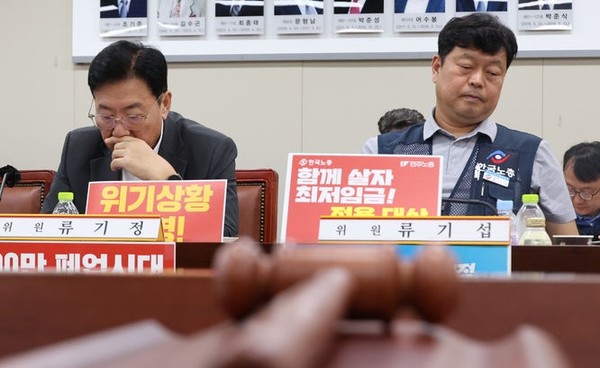 지난 6월 17일 세종시 정부세종청사에서 열린 최저임금위원회 5차 전원회의에 참석한 류기정 사용자위원과 류기섭 근로자위원이 굳은 표정으로 위원들의 발언을 듣고 있다.[사진=뉴시스]