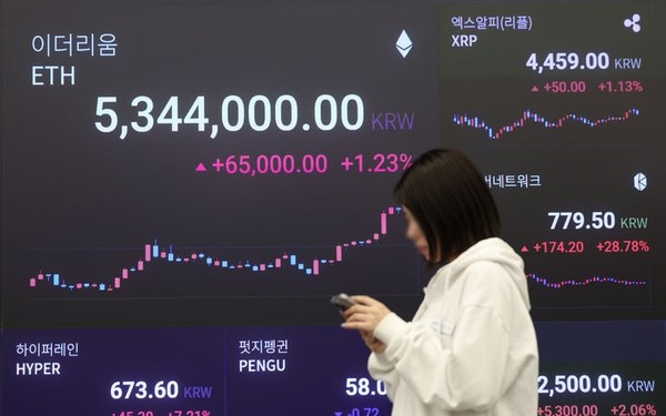 서울 강남구 업비트 고객센터 시황판에서 코인 가격이 표시되고 있다. [사진=뉴시스]