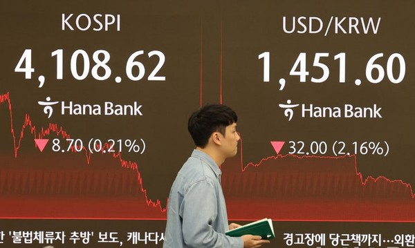 24일 오후 서울 중구 하나은행 딜링룸 전광판에 코스피가 전 거래일 보다 8.70 포인트(0.21%) 내린 4108.62 포인트를 나타내고 있다. 원달러 환율은 32.00원(2.16%) 내린 1451.60원. [사진=뉴시스]