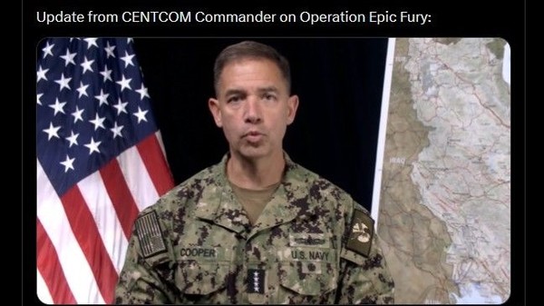브래드 쿠퍼 중부사령부 사령관은 25일(현지시간) 소셜미디어 엑스(X·옛 트위터)에 5차 전황 브리핑 영상 연설을 올렸다. 사진은 쿠퍼 사령관. [사진 = 미 중부사령부 엑스 갈무리]